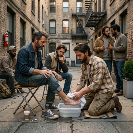 A man kneeling washing the feet of another seated man with others watching
