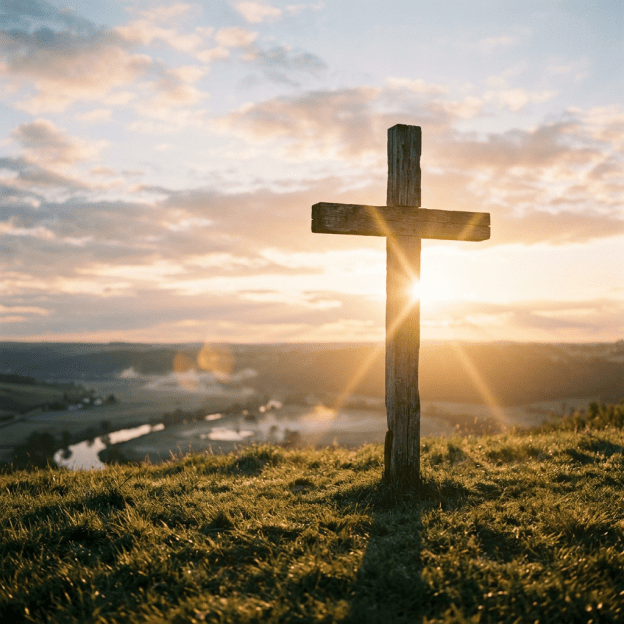 Wooden cross on a grassy hill with sunrise and valley landscape