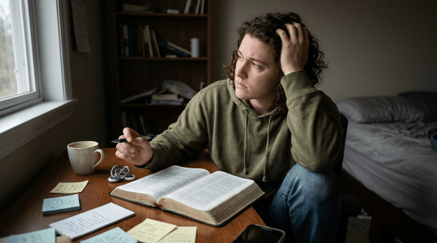 Young person sitting at a desk with an open book, holding a pen and looking out a window thoughtfully