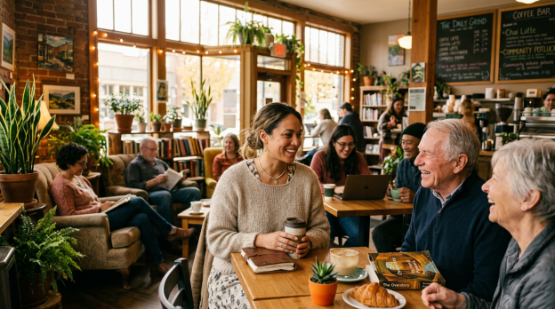 Various people sitting and interacting in a cozy coffee shop with books and plants